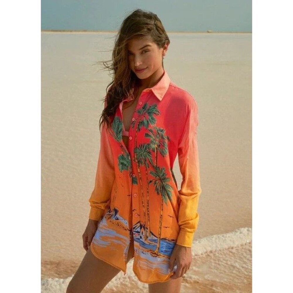 Maaji Cali Sunset Long Sleeve Shirt Beach Tropical Button Down Cover-Up SMALL